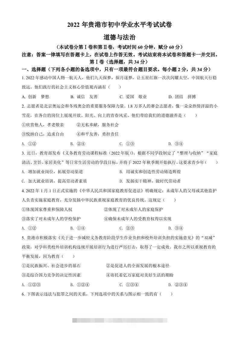 2022年广西贵港市中考道德与法治试题（空白卷）-资源V站