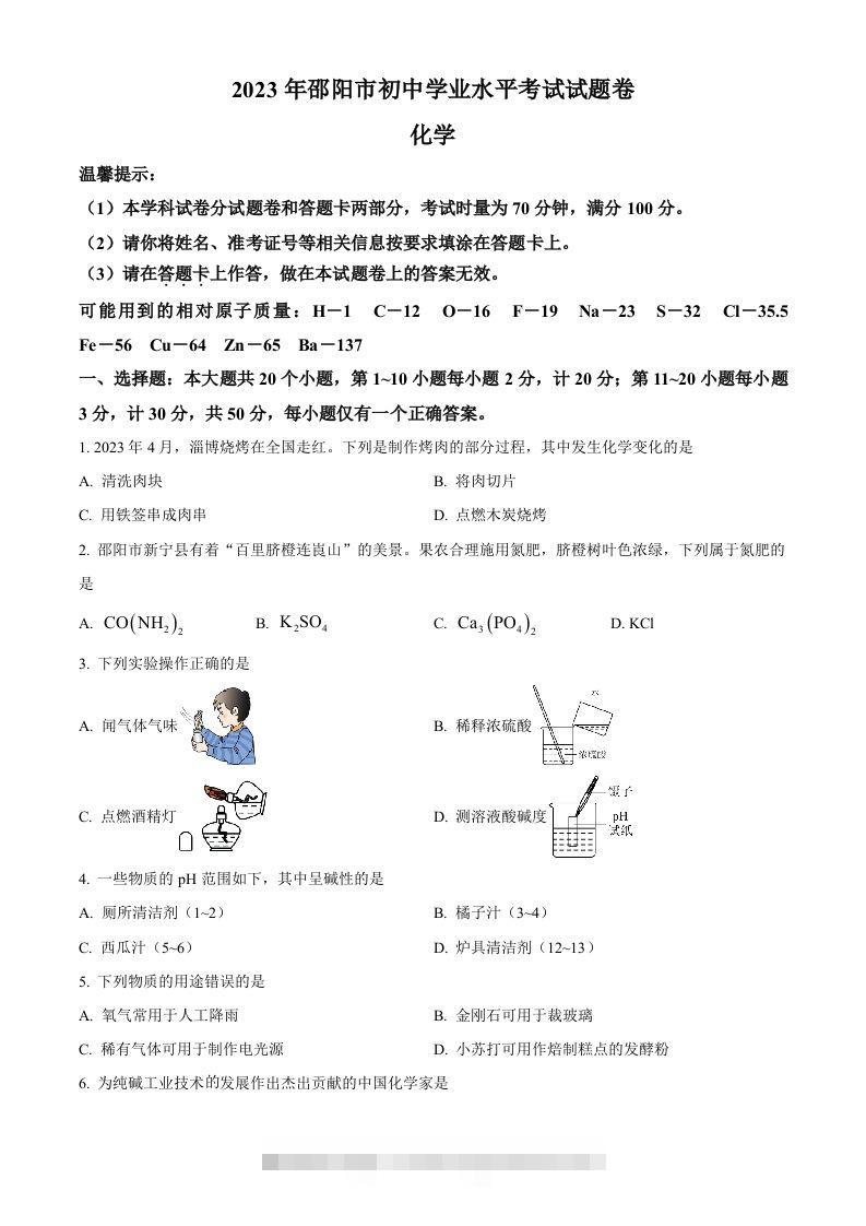 2023年湖南省邵阳市中考化学真题（空白卷）-资源V站