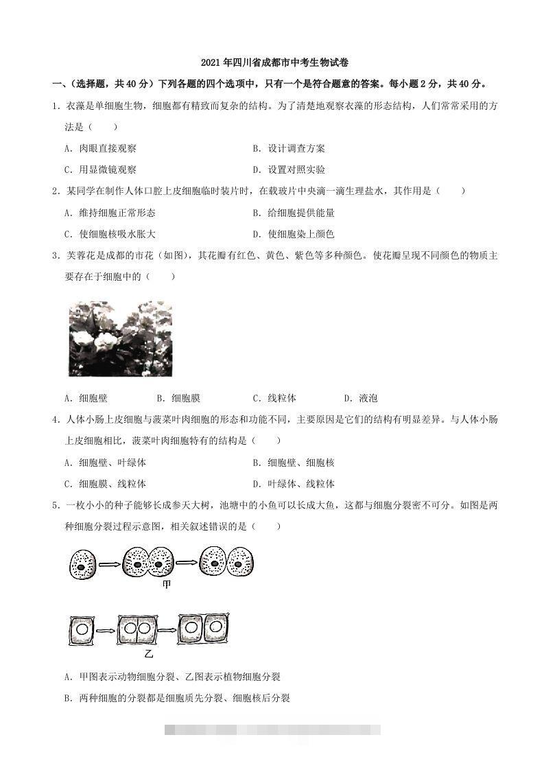 2021年四川省成都市中考生物真题（含答案）-资源V站