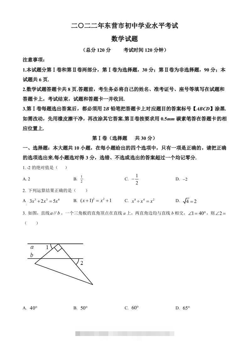 2022年山东省东营市中考数学真题（空白卷）-资源V站