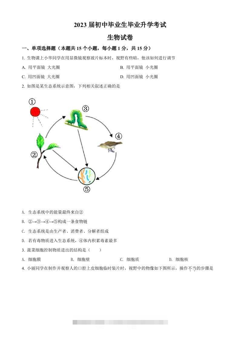2022年辽宁省营口市中考生物真题（空白卷）-资源V站