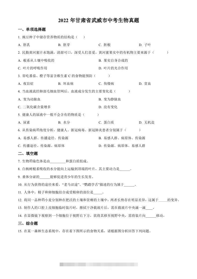 2022年甘肃省武威市中考生物真题（空白卷）-资源V站