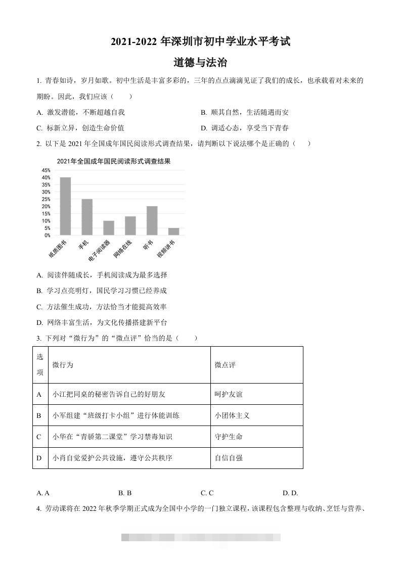 2022年广东省深圳市中考道德与法治真题（空白卷）-资源V站