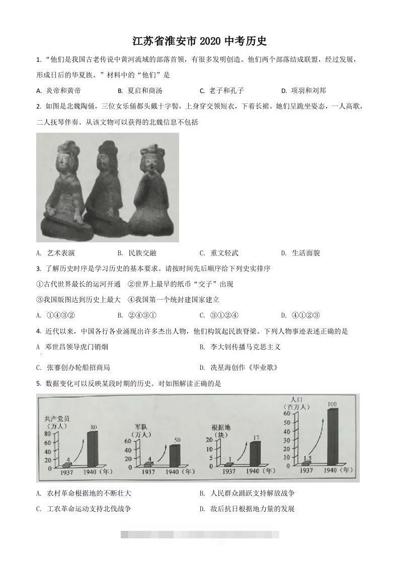 江苏省淮安市2020年中考历史试题（空白卷）-资源V站