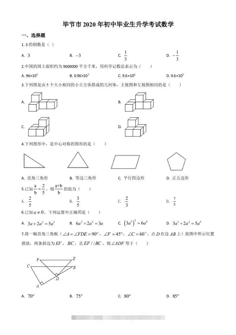 贵州省毕节市2020年中考数学试题（空白卷）-资源V站