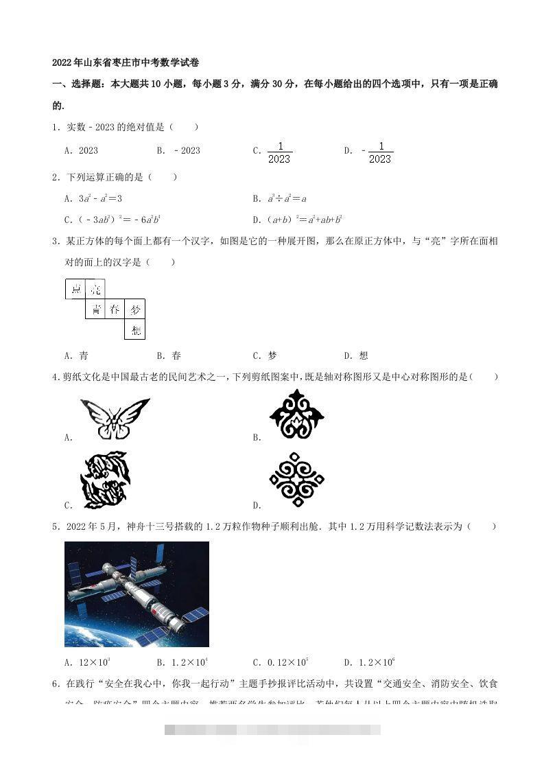 2022年山东省枣庄市中考数学真题-资源V站