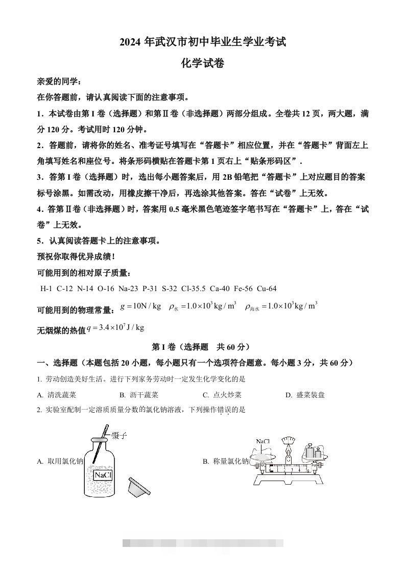 2024年湖北省武汉市中考化学真题（空白卷）-资源V站