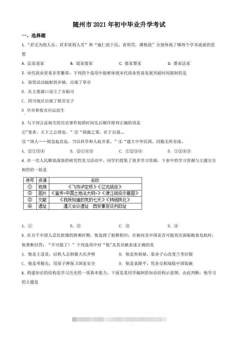 湖北省随州市2021年中考历史试题（空白卷）-资源V站