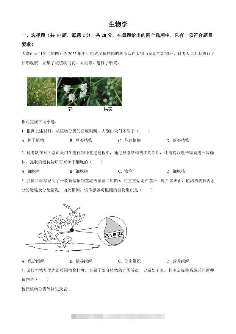 2024年湖北省中考生物真题（空白卷）-资源V站