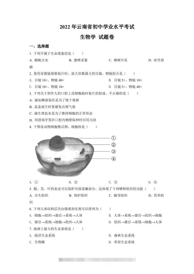 2022年云南省中考生物真题（空白卷）-资源V站