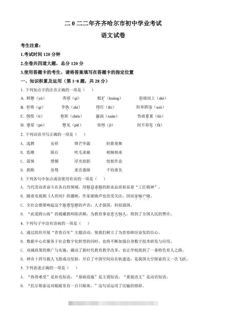2022年黑龙江省齐齐哈尔市中考语文真题（空白卷）-资源V站
