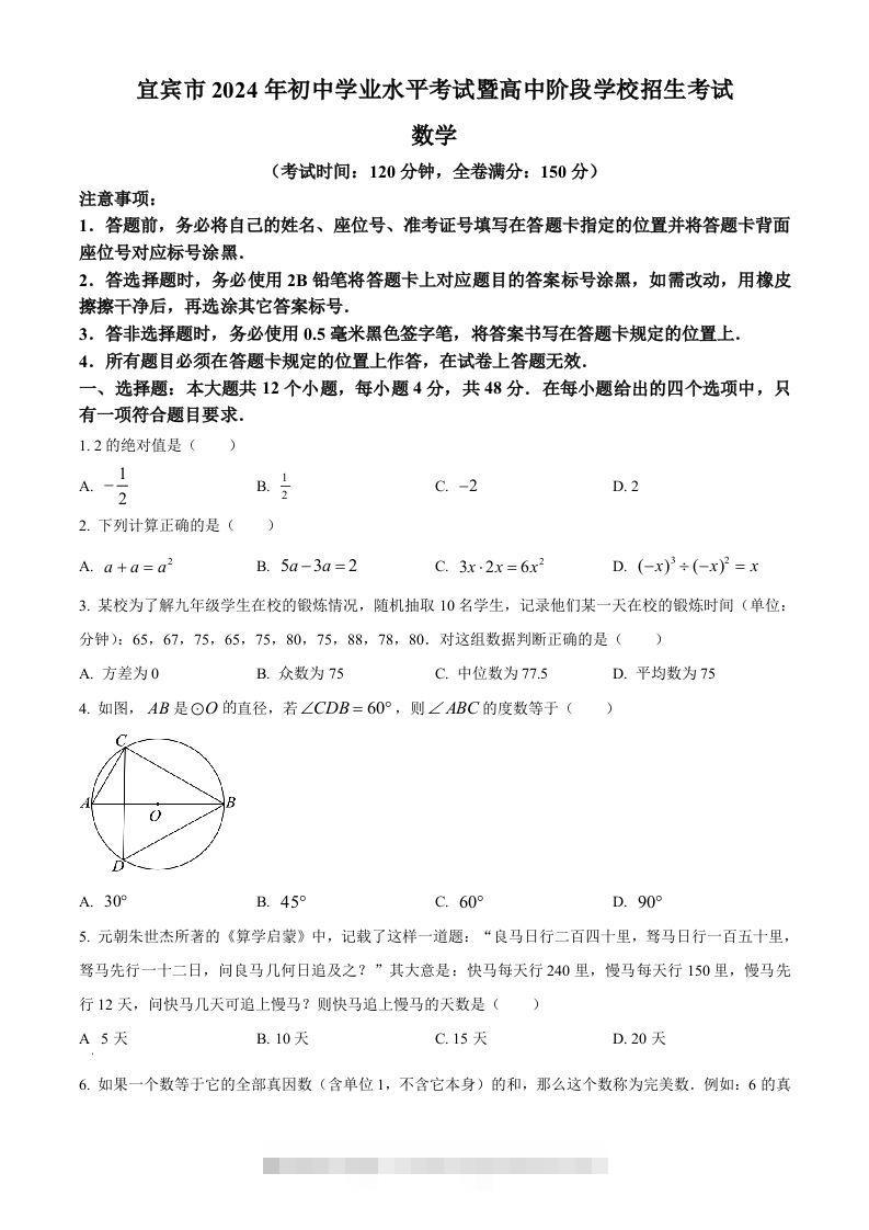 2024年四川省宜宾市中考数学试题（空白卷）-资源V站