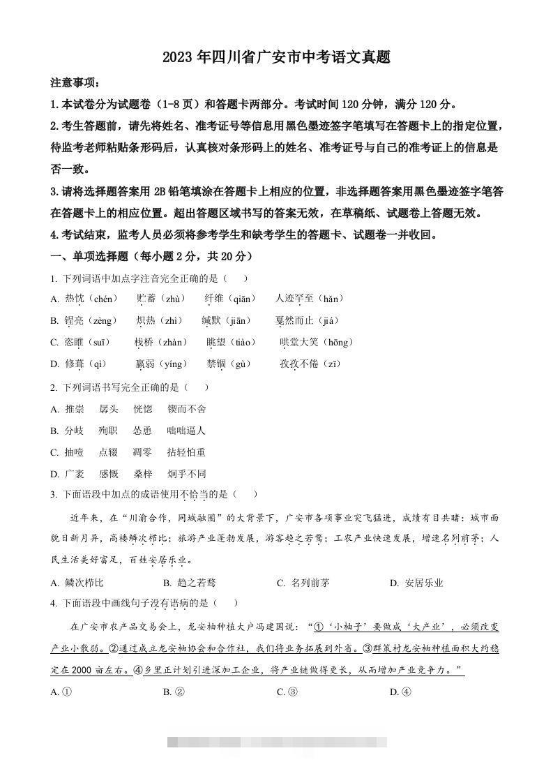 2023年四川省广安市中考语文真题（空白卷）-资源V站