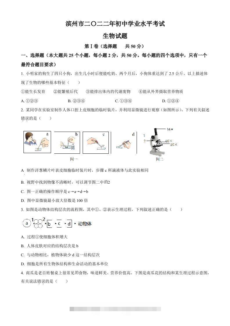 2022年山东省滨州市中考生物真题（空白卷）-资源V站