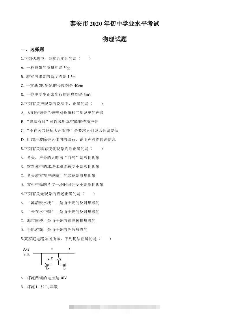 2020年山东省泰安市中考物理试题（空白卷）-资源V站