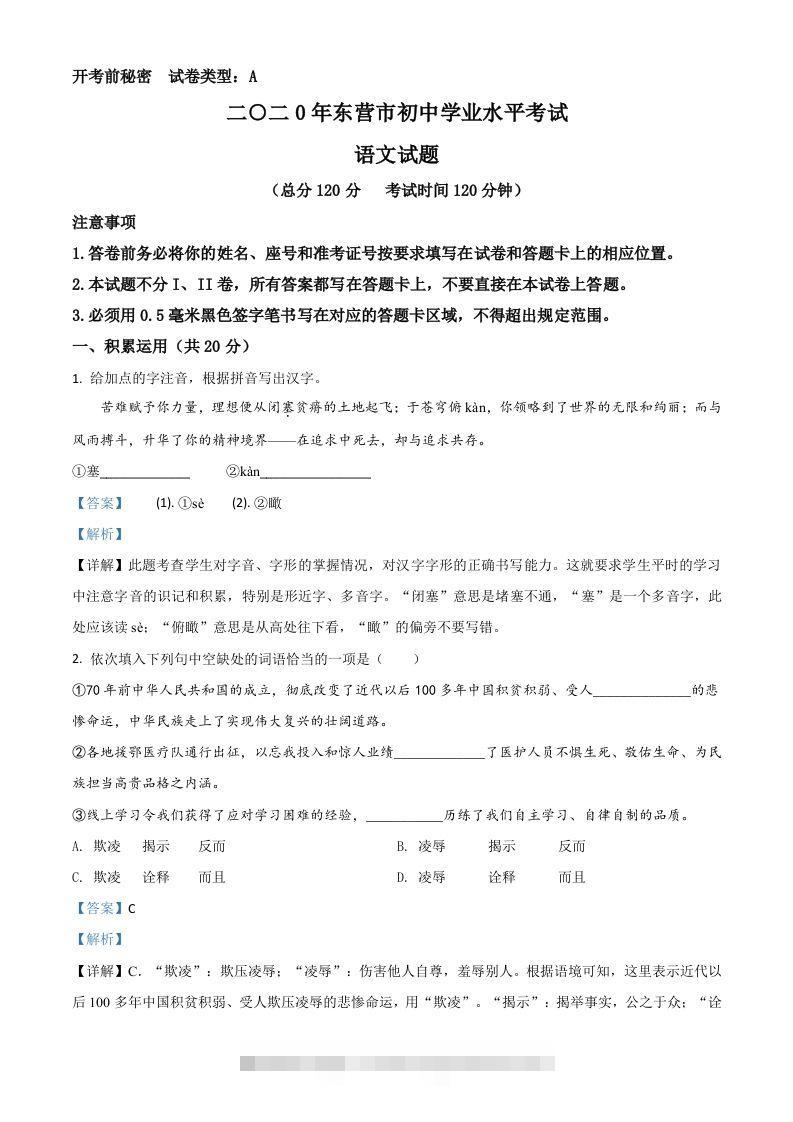 山东省东营市2020年中考语文试题（含答案）-资源V站