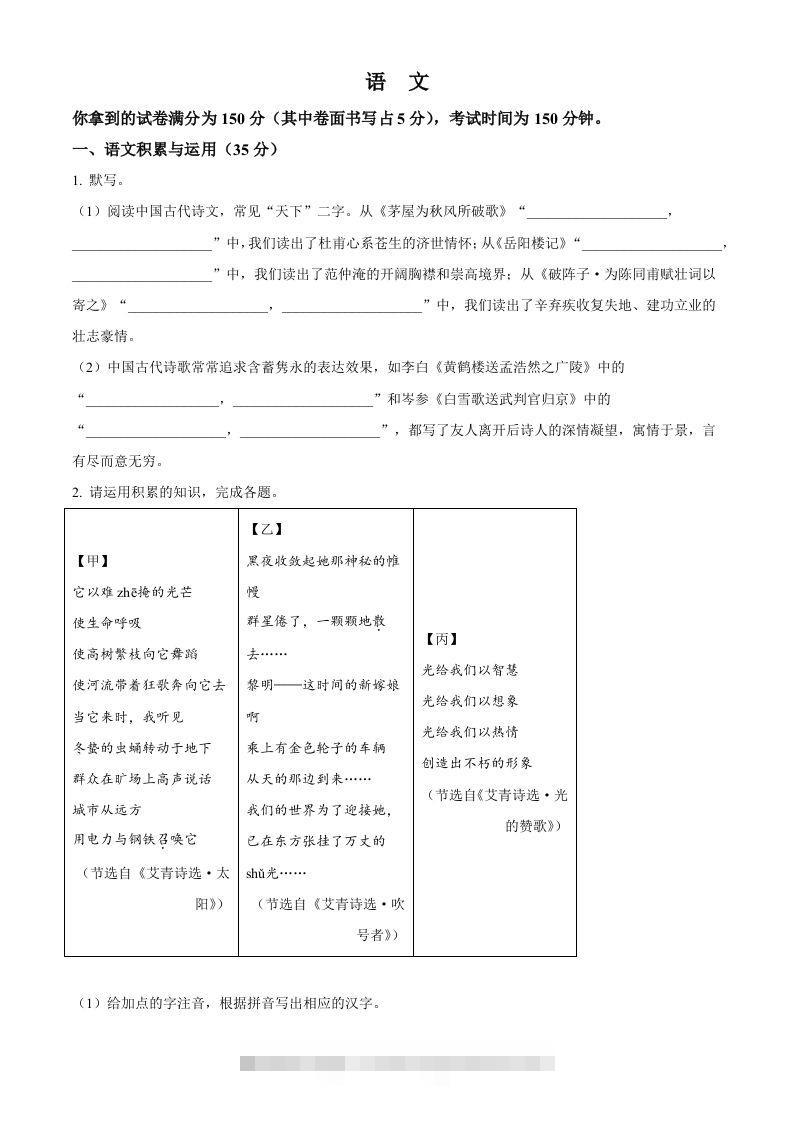 2024年安徽省中考语文真题（空白卷）-资源V站