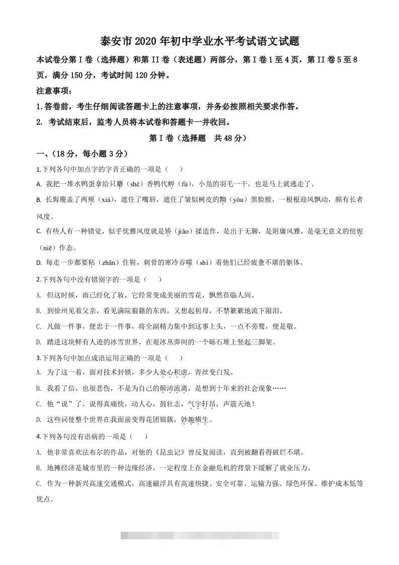 山东省泰安市2020年中考语文试题（空白卷）-资源V站