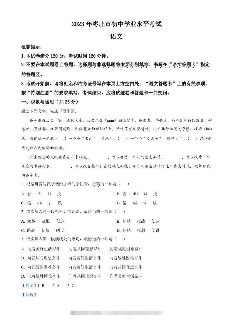 2023年山东省枣庄市中考语文真题（含答案）-资源V站