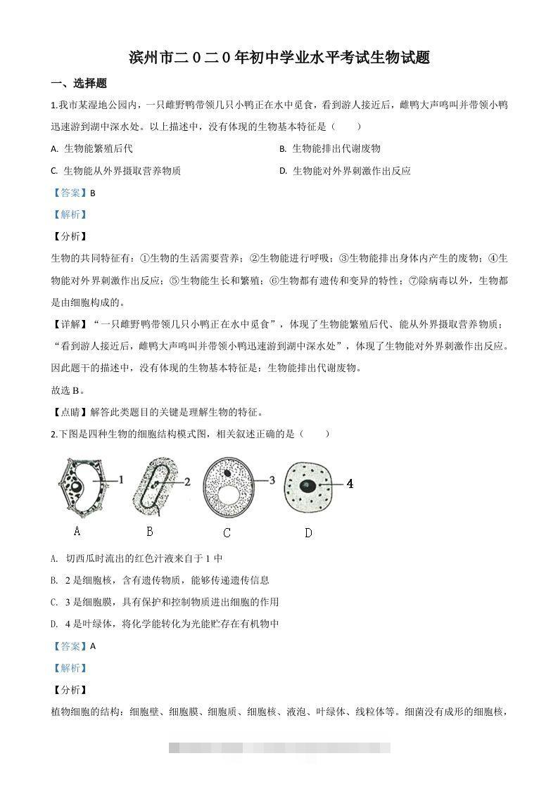 山东省滨州市2020年中考生物试题（含答案）-资源V站