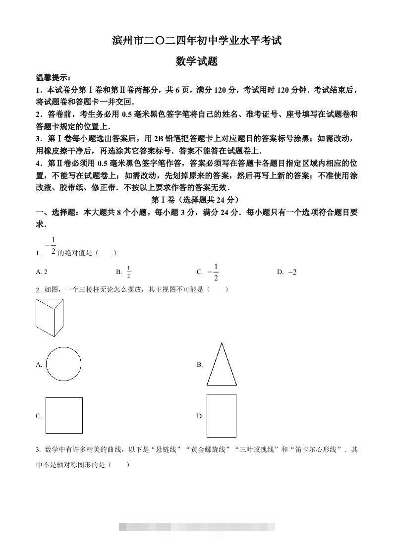 2024年山东省滨州市中考数学试题（空白卷）-资源V站