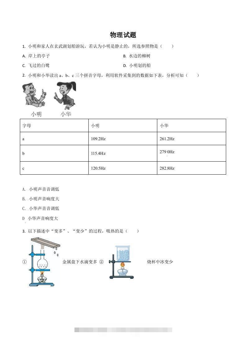 江苏省南京市2021年中考物理试题（空白卷）-资源V站