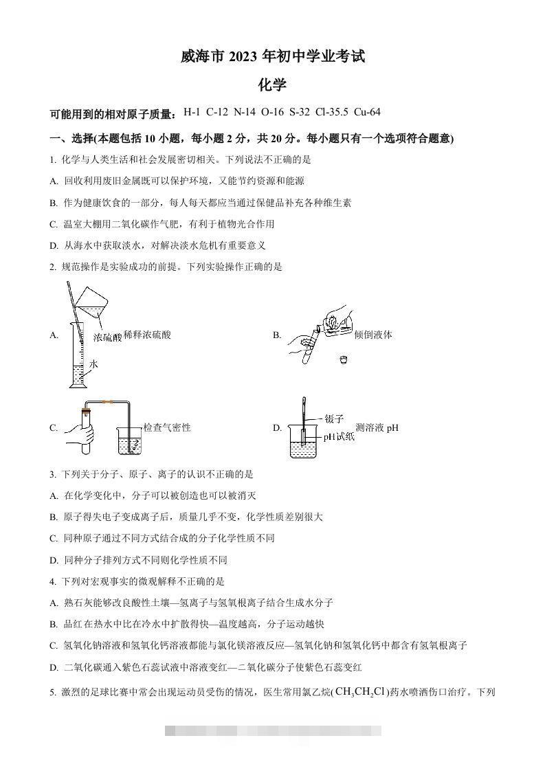 2023年山东省威海市中考化学真题（空白卷）-资源V站