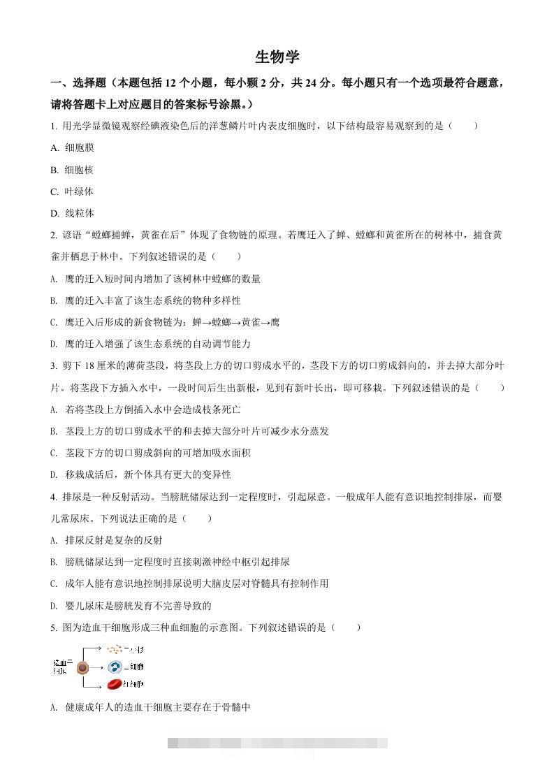内蒙古包头市2021年中考生物试题（空白卷）-资源V站