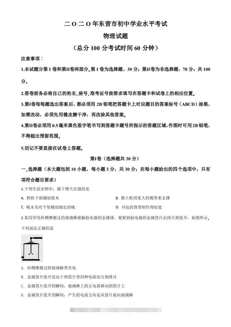 2020年山东省东营市中考物理试题（空白卷）-资源V站