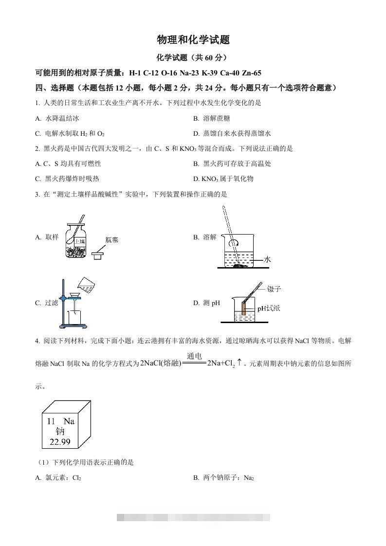 2024年江苏省连云港市中考化学真题（空白卷）-资源V站