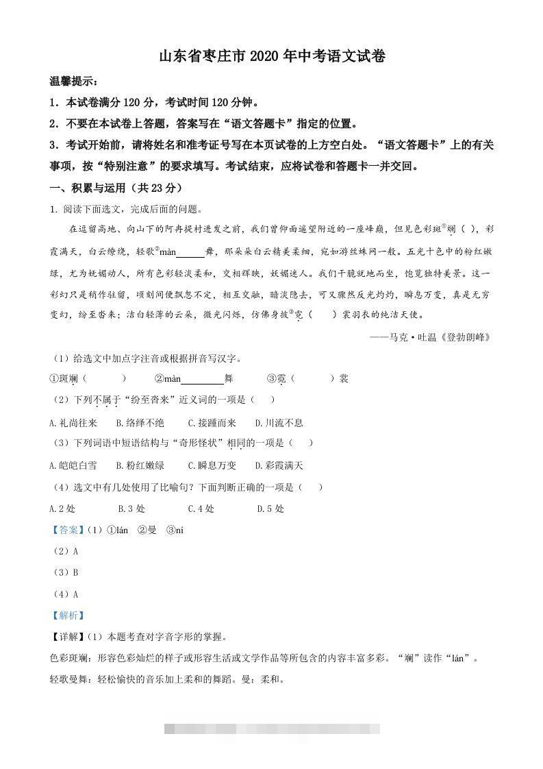 山东省枣庄市2020年中考语文试题（含答案）-资源V站