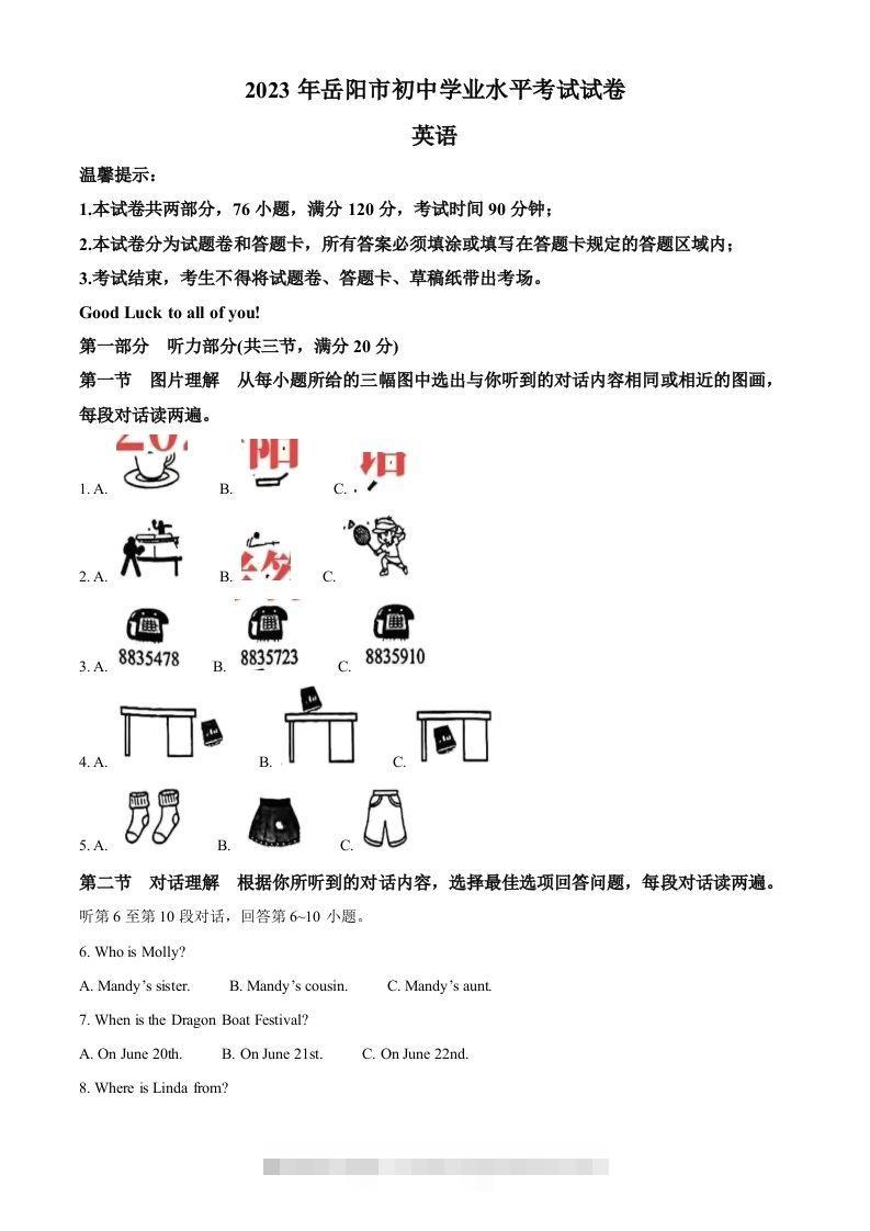 2023年湖南省岳阳市中考英语真题（空白卷）-资源V站