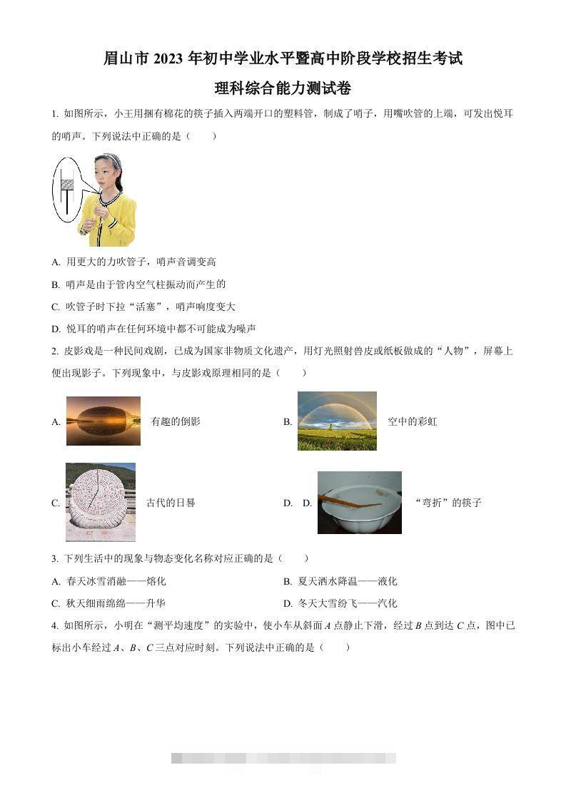 2023年四川省眉山市中考理综物理试题（空白卷）-资源V站