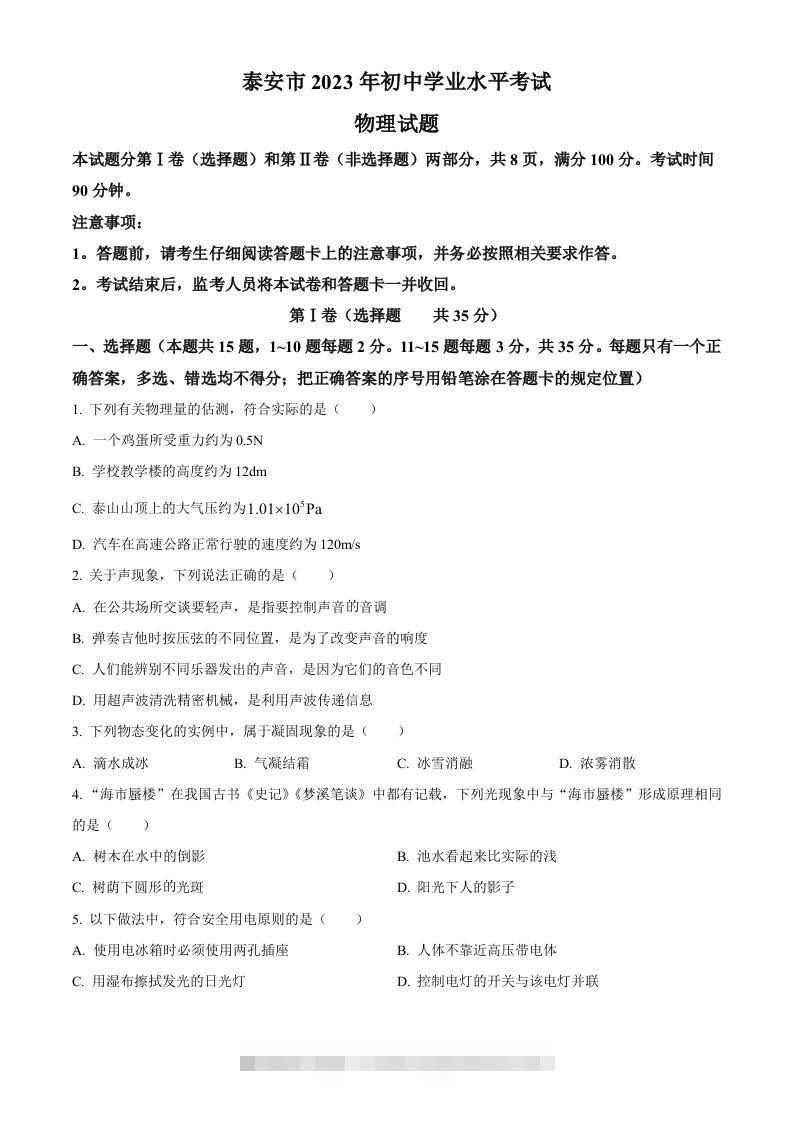 2023年山东省泰安市中考物理试题（空白卷）-资源V站