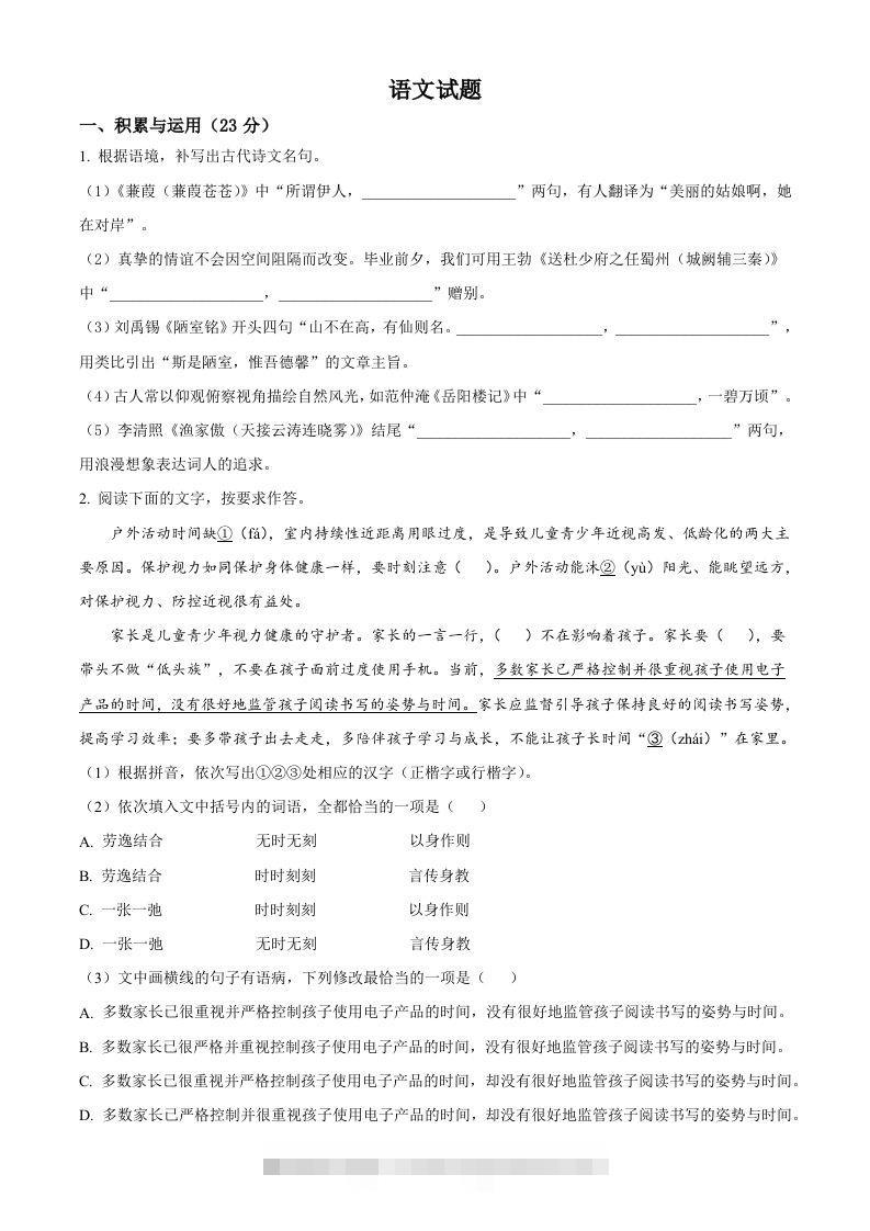2023年福建省中考语文真题（空白卷）-资源V站