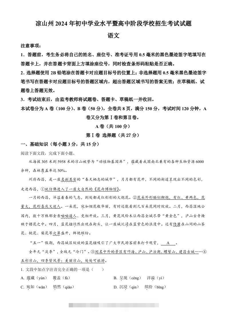 2024年四川省凉山州中考语文真题（空白卷）-资源V站