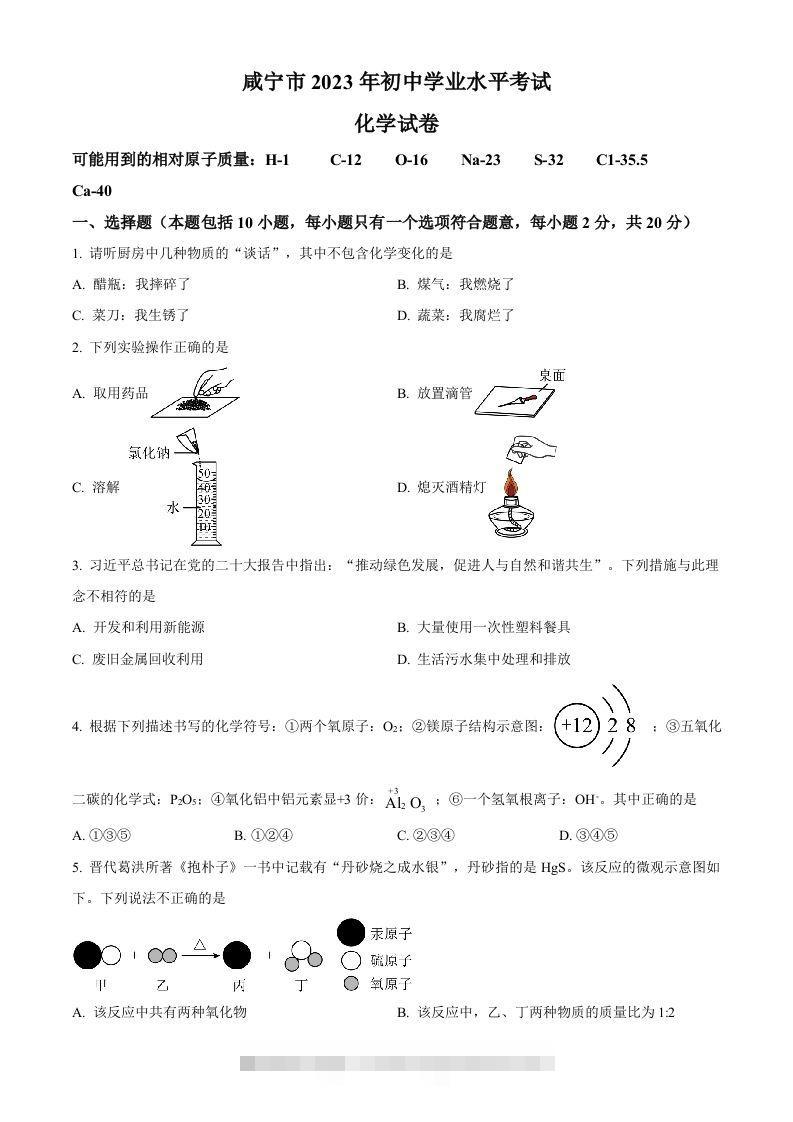 2023年湖北省咸宁市中考化学真题（空白卷）-资源V站