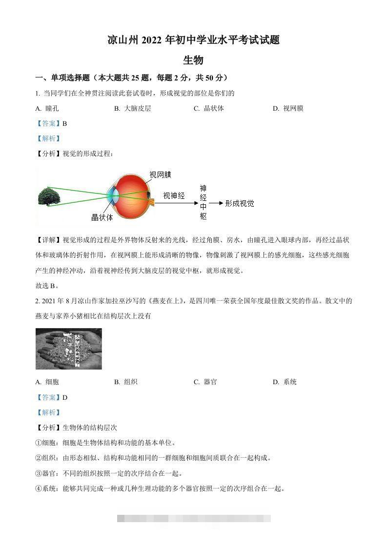 2022年四川省凉山州中考生物真题（含答案）-资源V站