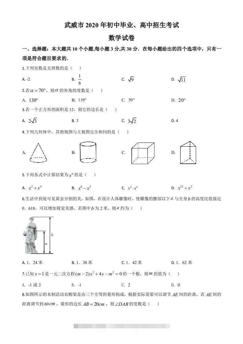 甘肃省武威市2020年中考数学试题（空白卷）-资源V站