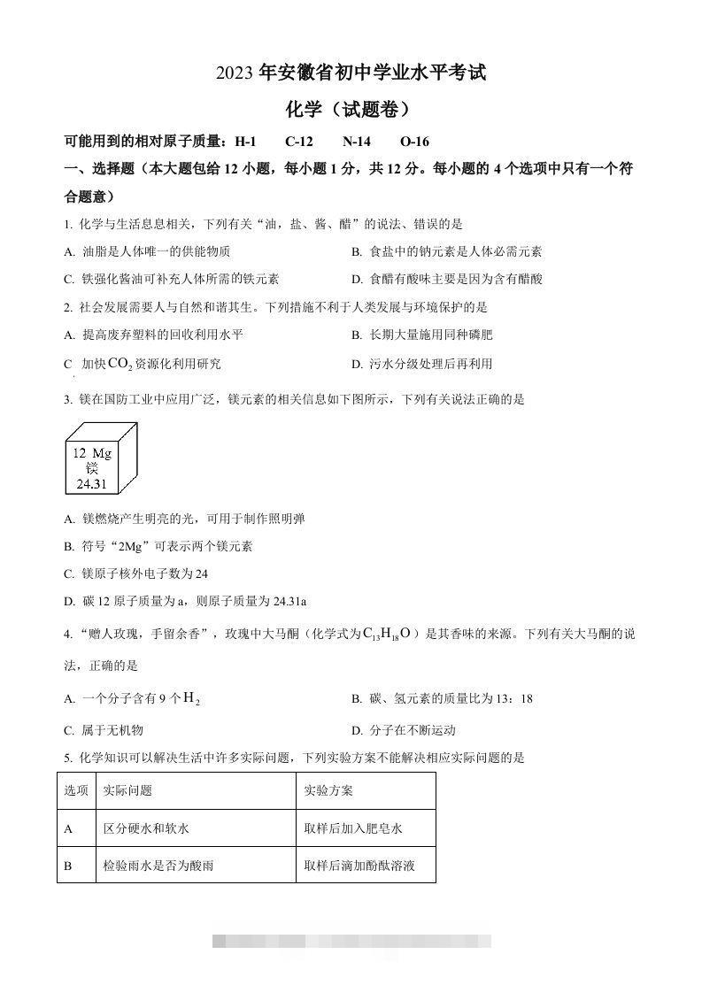2023年安徽省中考化学真题（空白卷）-资源V站