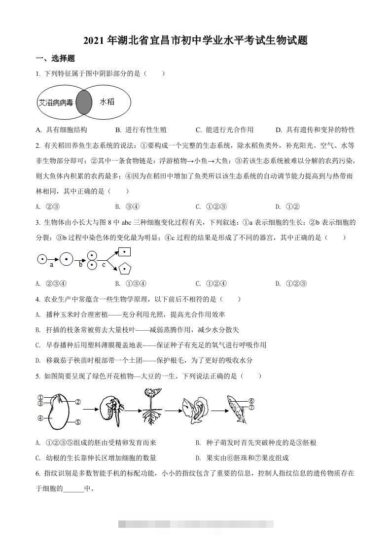 湖北省宜昌市2021年中考生物试题（空白卷）-资源V站