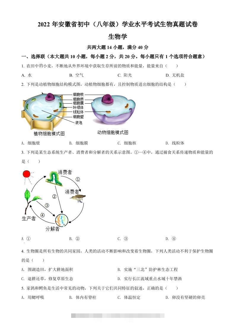 2022年安徽省中考生物真题（空白卷）-资源V站