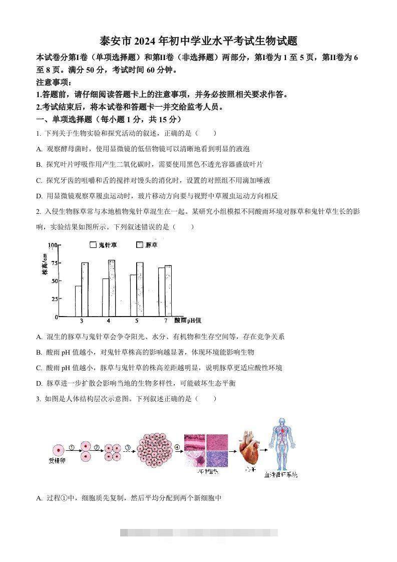 2024年山东省泰安市中考生物真题（空白卷）-资源V站