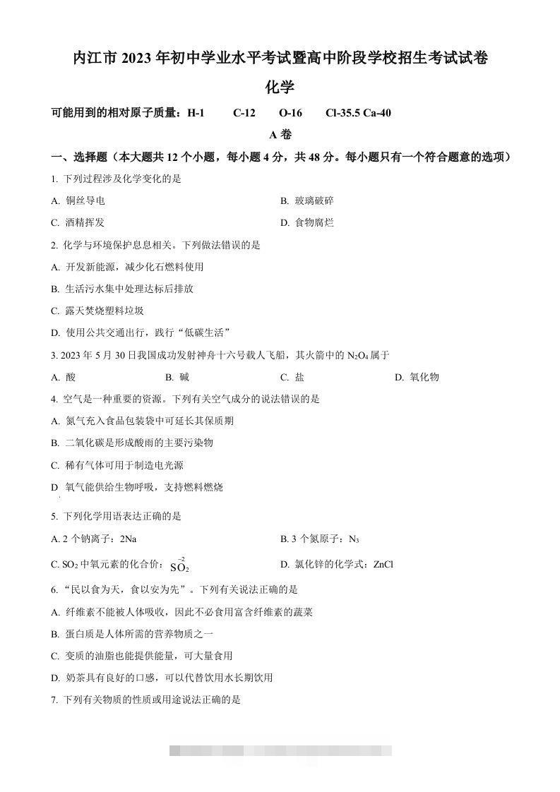 2023年四川省内江市中考化学真题（空白卷）-资源V站