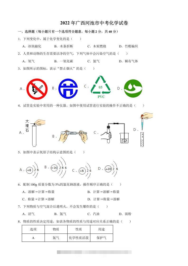 2022年广西河池市中考化学真题-资源V站