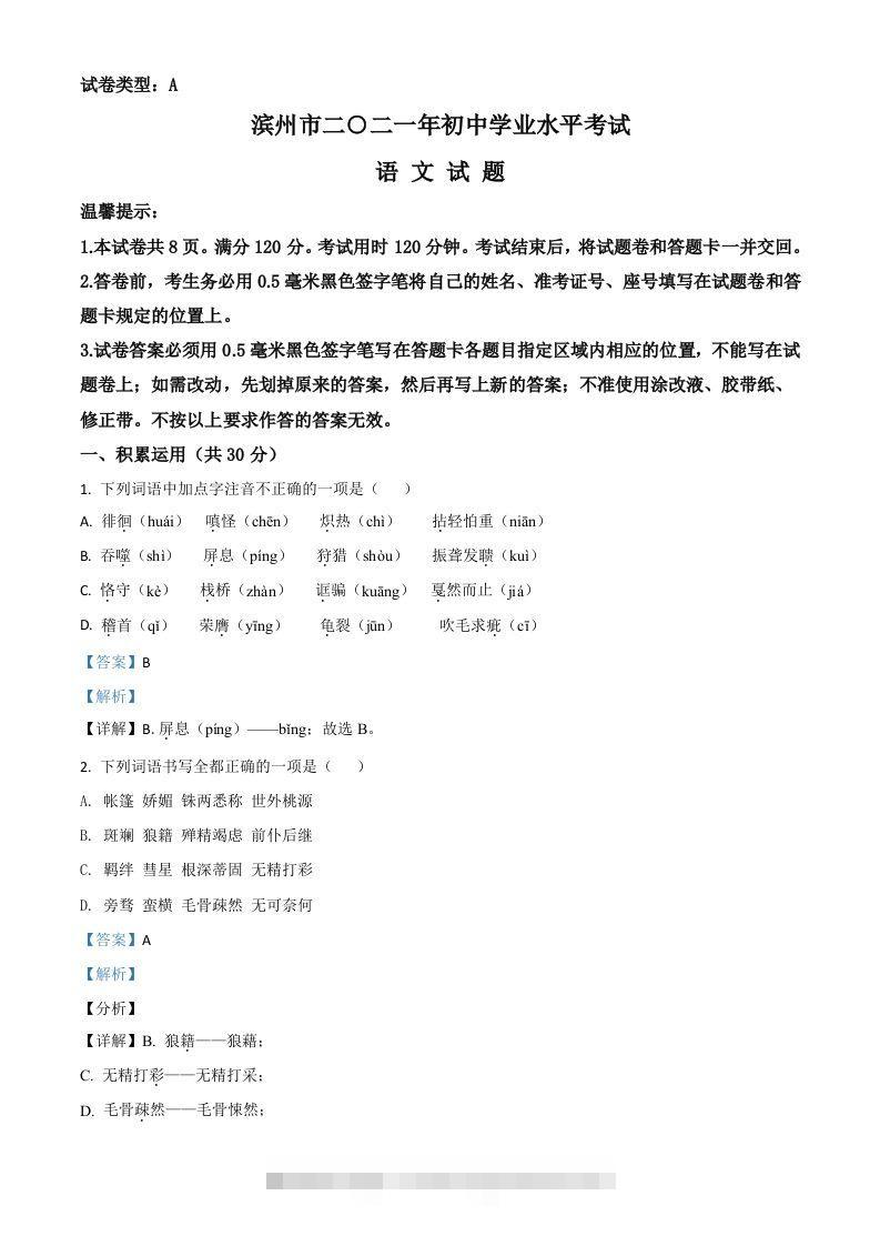 山东省滨州市2021年中考语文试题（含答案）-资源V站