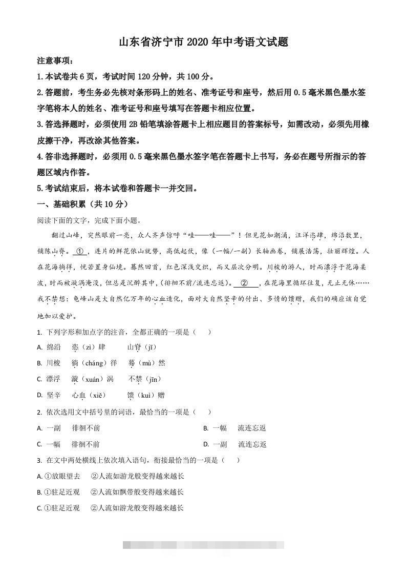 山东省济宁市2020年中考语文试题（空白卷）-资源V站