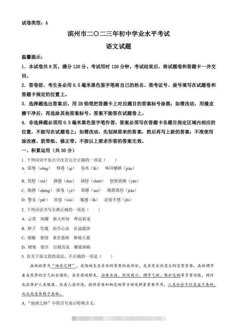 2023年山东省滨州市中考语文真题（空白卷）-资源V站