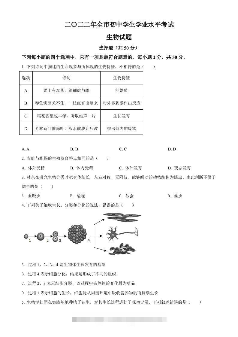 2022年山东省聊城市中考生物真题（空白卷）-资源V站