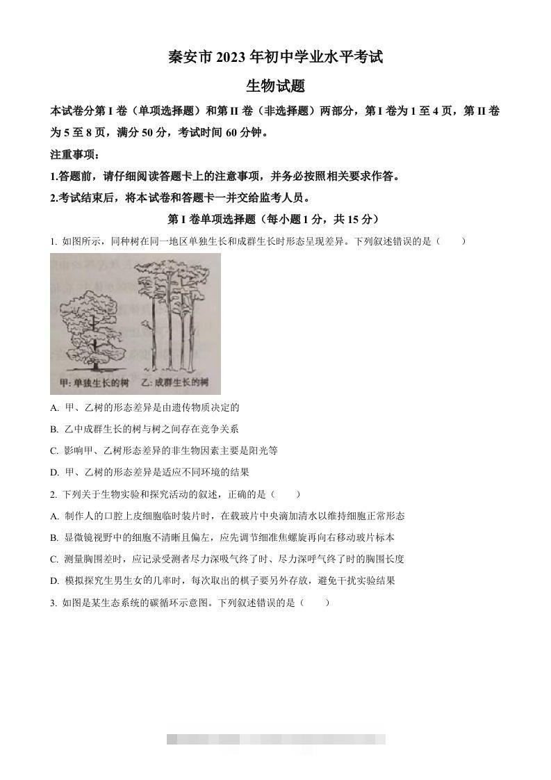 2023年山东省泰安市中考生物真题（空白卷）-资源V站